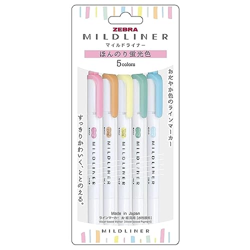 ZEBRA WKT7-5C-N Highlighter, Mildliner, Faint Fluorescent Colors, 5 Colors