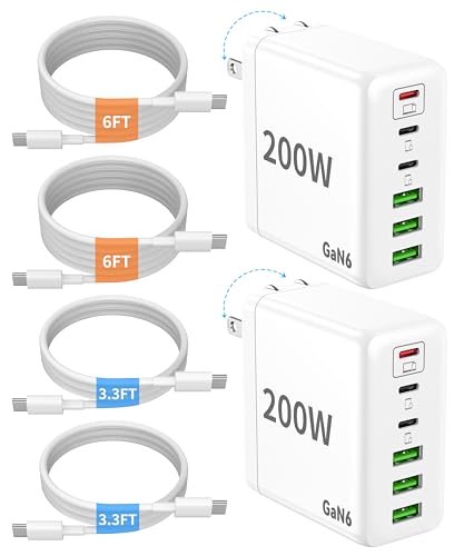 2 Pack USB C Charger Block, 200W GaN Super Fast Charger Type C iPhone 17 16 Fast Charging 6 Port Foldable PD Charging Station for All iPhone/Android Phone Samsung Galaxy S25/S24/MacBook iPad - color: White