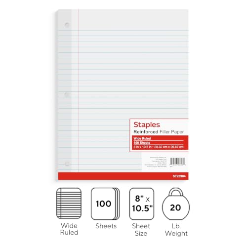 Staples Wide Ruled Filler Paper, 8" x 10.5", White, 100 Sheets/Pack, 3/Pack