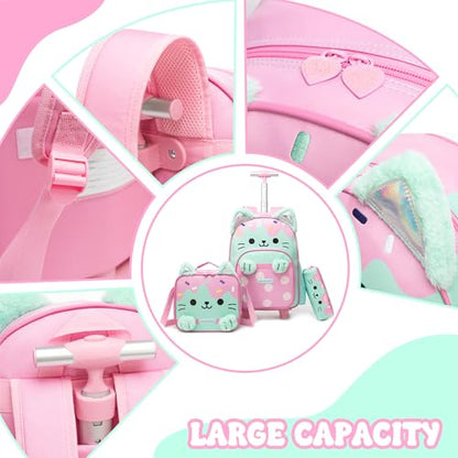 Meetbelify Backpack with Wheels for Girls Rolling Backpack Cute Cat Carry on Backpack Kids Luggage with Lunch Box Pencil Case for Elementary Student - color: Green Cat