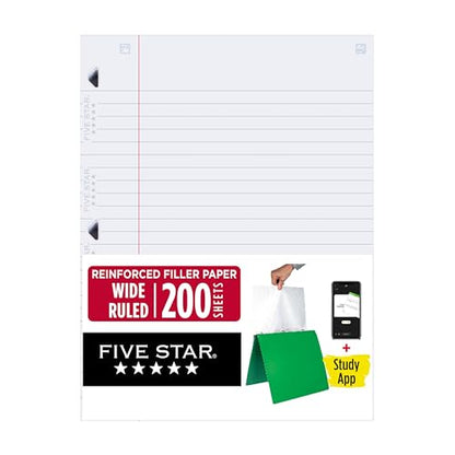 Five Star Loose Leaf Paper + Study App, Wide Ruled Filler Notebook Paper, Reinforced, Fights Ink Bleed, 8" x 10-1/2", 200 Sheets (150039) - size: 200 Sheets