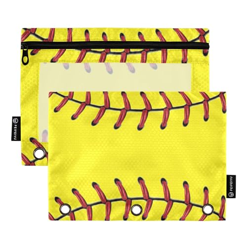 Fisym Softball Baseball Yellow Pencil Pouch for 3 Ring Binder Pencil Case Pencil Bag Zipper Pouch with Clear Window for Office 2 Pack