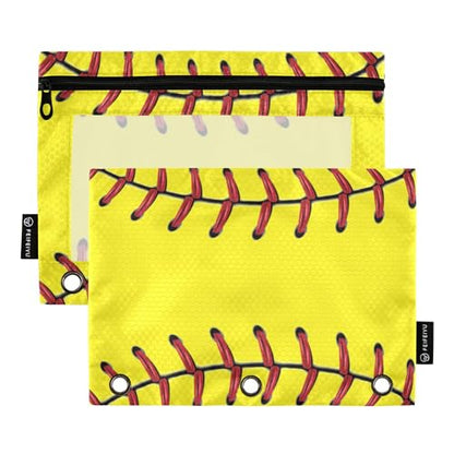 Fisym Softball Baseball Yellow Pencil Pouch for 3 Ring Binder Pencil Case Pencil Bag Zipper Pouch with Clear Window for Office 2 Pack