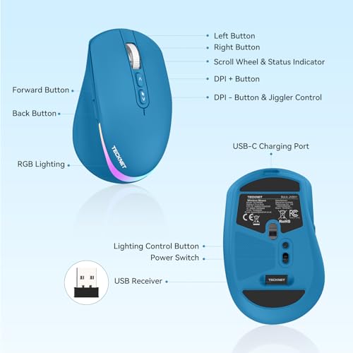 TECKNET Wireless Mouse Jiggler, Rechargeable Mouse with Built-in Mouse Mover, 6 Adjustable DPI & 14 LED Modes, Silent Click, Undetectable Random Movement Keeps Computer Awake for Laptop/PC/Mac- Blue - color: Blue