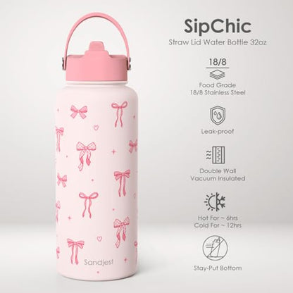 SANDJEST Coquette Bow Gift for Women, Water Bottle Stainless Steel 32oz with Lid & Straw, Pink Bows Aesthetic Insulated Bottles Gifts for Girls Friends Teens Birthday Christmas - color: Bow