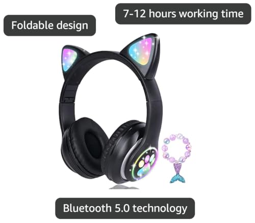 Cat Ear Kids Headphones Bluetooth, LED Light up Wireless/Wired Mode Over Ear Headphones with Build in Microphone for School/Travel (Black) - color: Black