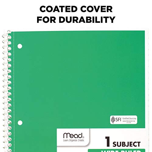 Mead Spiral Notebooks, 1 Subject, Wide Ruled Paper, 70 Sheets, 10-1/2 x 7-1/2 inches, Green, 4 Pack (38300) - color: Green, size: Pack of 4