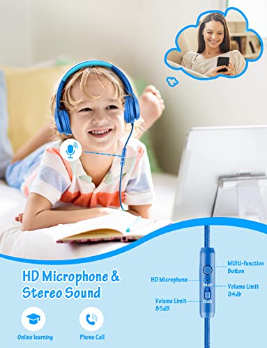 Voopwink Kids Headphones with Microphone, Wired Over Ear Headsets with Limited Volume 85dB/ 94dB for Boys Girls Teens Children Online School/Travel/iPad/Tablet/Cellphone - color: Light-Blue, size: Plug 3.5mm
