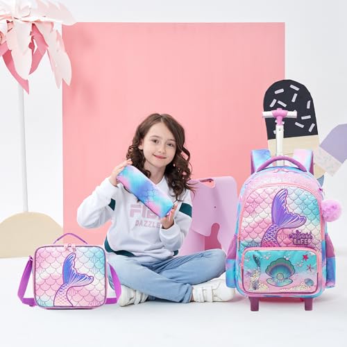 Meetbelify Kids Mermaid Rolling Backpack with Wheels for Elementary Students Kids Travel Luggage Carry on School Backpack for Girls Ages 6-8 - color: 01 Mermaid