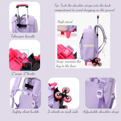 Pink Rolling Backpack for Girls Kids School Backpack with Wheels for Girls, Roller Trolley School Bags for Primary Students, Wheeled Bookbags on 6 Wheels, Pink - color: 6 Wheels Pink