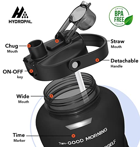 HydroPal 1 Gallon Water Bottles with Straw, 128 oz Water Bottle BPA Free Innovative 2-IN-1 Lid Gym Bottle with Times to Drink Motivational, Large for Sports Fitness Camping Water Jug （13.8X5.5 inch） - color: Obsidian Black