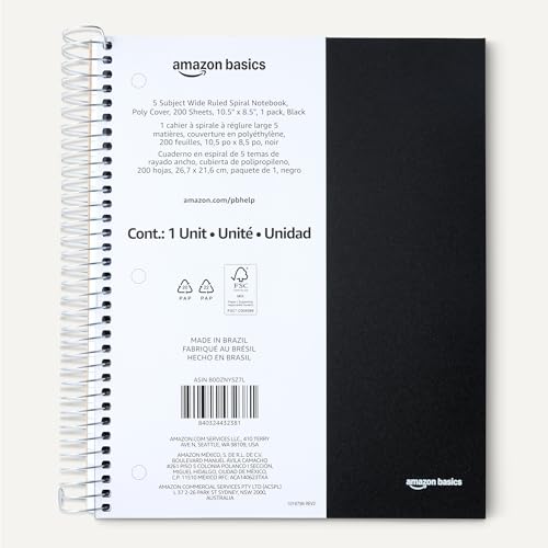 Amazon Basics Wide Ruled Spiral Notebook, Poly Cover, 5 Subject, For Work and School, 200 Sheets, 8.5" x 10.5", Black, 1-Pack - color: Black, style: Wide Ruled 200 Sheets