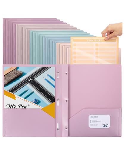 Mr. Pen- Plastic Folders with Pockets and Prongs, 20 Pack, Letter Size | Assorted Pastel Colors, Flexible Plastic Folders with Prongs, Clear Front Pocket, Card Slot & Color-Coded Cover Papers - color: Pastel Colors + Organizational Sheets, size: 20 Pack