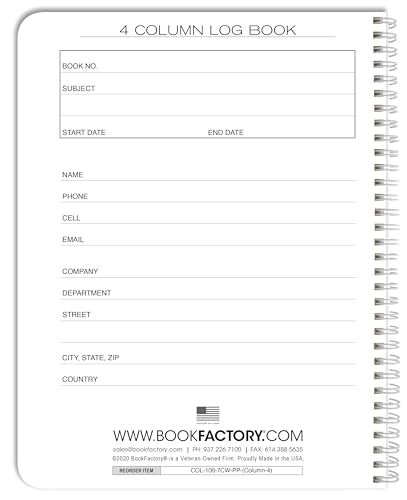 BookFactory 4 Column Log Book, Wire-O, 100 Pages | Columnar Notebook Format, 8.5'' x 11'' - Made in USA - size: 4 Column, style: Wire-O