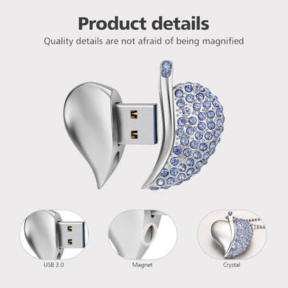 High Speed USB 3.0 Flash Drive,Cute Romantic Heart Shape USB Memory Stick,Thumb Drive for Photos, Music, Files Storage (Blue, 32, GB) - color: Blue