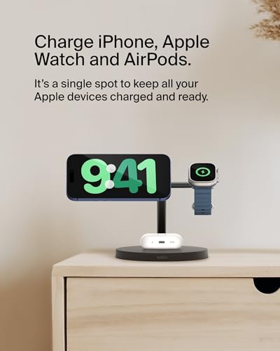 Belkin MagSafe-Compatible iPhone Charger, 3-in-1 Wireless Charging Station, Qi2-Certified 15W Wireless Charge for Apple iPhone 17 Series, Apple Watch, AirPods w/Non-Slip Base, 40W Included - Black - color: Black, style: Matte Finish