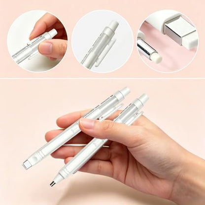 4 Pack Retractable Mechanical Eraser Pen Set (4 White) with 20 Refills (10 Rectangular, 10 Round Tips), Precision Erasers for Artists Drawing, Office & Students - color: White