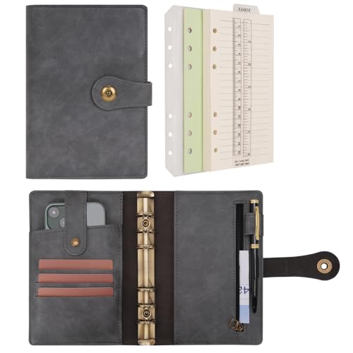 WONDERPOOL A6 Binder Journal Leather Spiral Notebook Refillable College Ruled Paper, Budget Binder Rings Diary Organizer with Pen for Office School Travel Business Planning Writing (Gray, A6) - color: Gray, size: A6