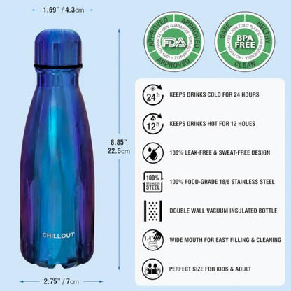 CHILLOUT LIFE 12oz Kids Insulated Stainless Steel Water Bottle, Leak Proof | Small Metal Water Bottle, Keeps Drinks Cold 24H & Hot 12H, Leak-Proof Screw Lid, Perfect for School, Travel & Sports - color: Magic Blue