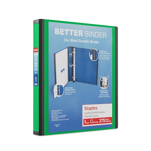 Staples Better Binder, 1" D‑Ring Heavy‑Duty 3‑Ring Binder, Green, Reinforced Spine, 275‑Sheet Capacity, Durable for School, Office & Reports, 3‑Pack - color: Green, size: 1-Inch, style: 3 Pack