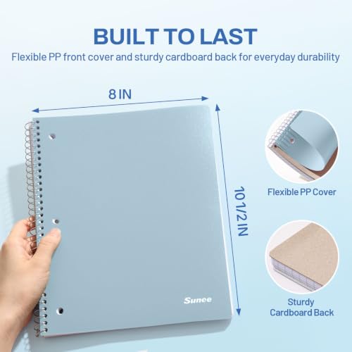 SUNEE Spiral Notebook, 1-Subject, College Ruled Paper, 8" x 10-1/2", 100 Sheets per Notebook, 3-Hole Punched Paper, Water Resistant Cover, Double-sided Pockets, Grey Blue - color: Grey Blue