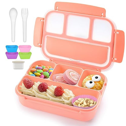QQKO Bento Box Adult Lunch Box, Lunch Containers for Adults Men Women, Kids Lunch Boxes for School with 4 Compartments, Sauce Container, Utensils and Muffin Cups, Pink - color: Pink