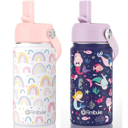 Fimibuke Kids Insulated Water Bottle, 14oz BPA FREE Double Wall Vacuum Tumbler 18/8 Stainless Steel Leak Proof Kids Cups with Straw Metal Water Bottle for School Boy Girl (2 Pack, RAINBOW/MERMAID) - color: A6. RAINBOW+MERMAID