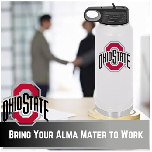 Ohio State University 32oz Stainless Steel Double Walled White Beverage Bottle with Flip Straw Spout - College Gear for Playoff Season – For Office, Home or Auto – Show your Buckeye Pride - style: Ohio State / White