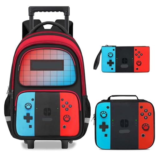 TILYTADLY Gamer Rolling Backpack for Boys - 3PCS Boys Rolling Backpack With Lunch Box and Pencil Case for Kids Children Teens Elementary Middle School,HFHTDC Roller Bookbag With Wheels for Aged 6-18 - color: red-blue-Backpack set