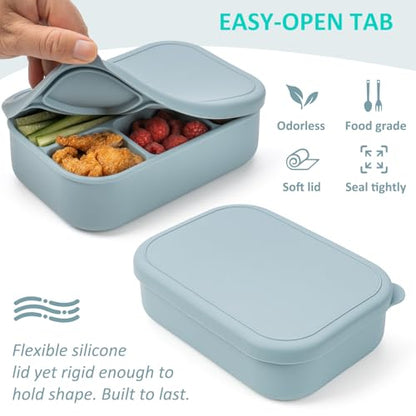 100% Silicone Bento Box Adult with 4 Compartments, 32oz, Reusable Divided Lunch Box Meal Prep Snack Containers for Food Storage, BPA-Free, Plastic-Free, Microwave Dishwasher safe, Nile Blue, 1 Pack - color: Nile Blue | 32oz | 4-Compartment