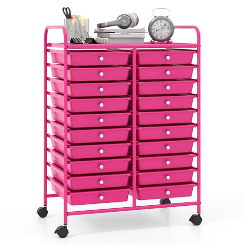 Giantex 20 Drawers Rolling Cart, Mobile Storage Drawer Cart, Classroom Organizer for Office School Supplies Teacher Tools Scrapbook Paper Craft Small Printer, Utility Stand on Wheels, Hot Pink - color: Hot Pink, size: 25” x 15” x 35”(20 Drawers)