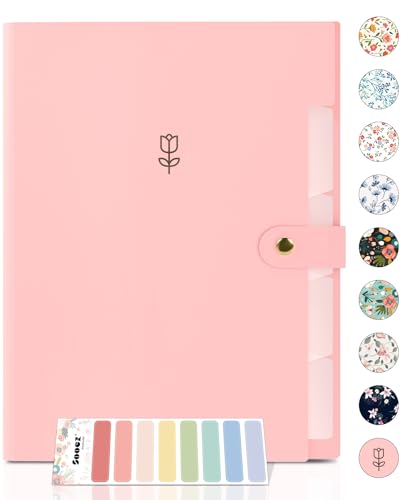 Sooez File Folders Organizer, Folders with 5 Pockets, Folders for Documents w/Sticker, Accordion File Organizer, Paper Receipt Bill Filing Organizer, School College Office Travel Essentials Supplies - color: Pink Tulips