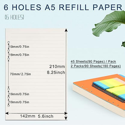 Toplive A5 Refill Paper, Lined Loose Leaf Inserts - 90 Sheets (180 Pages) with 5 Colorful Dividers & 1 Pack Sticky Notes, Refillable for 6 Ring Binder, Journal & Notebook-Perfect for Daily Notes,Study - style: 2Pack Line Paper+Divider+Label