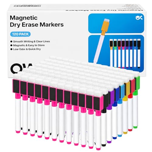 OWLKELA 120 Pcs Magnetic Dry Erase Markers with Eraser Cap, Fine Tip Whiteboard Markers with Eraser, Low Odor Dry Erase Marker Set for School Office Home, 8 Color - size: 1 Count (Pack of 120)