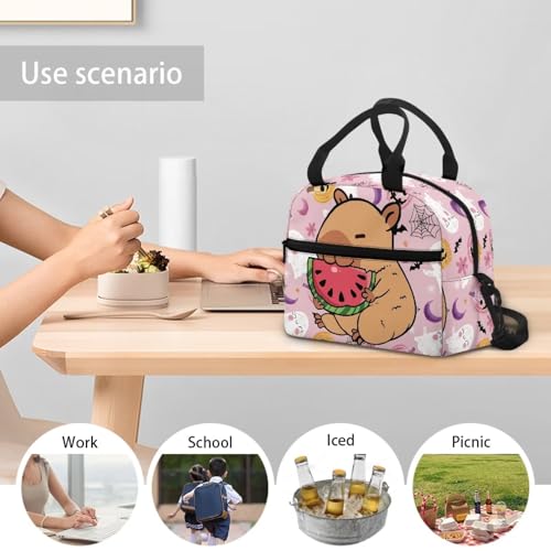 Capybara Simply Modern Lunch Box Kids 4-6 Pink Halloween Preschool Lunch Box for Girls 6-8 Kindergarten Meal Bag 8-10 Toddler Boys Elementary School Lightweight Adjustable Shoulder Strap - color: Pink Halloween Capybara