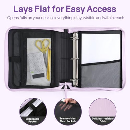SUNEE Zippered Binder Bag with Handle, 2-Inch 3-Ring O-Ring, 500-Sheet Capacity, Includes Zip Pocket, 5-Tab Expanding File Folder, Multi-Pocket Organizer Binder for Middle School, Lavender Purple - color: Lavender Purple