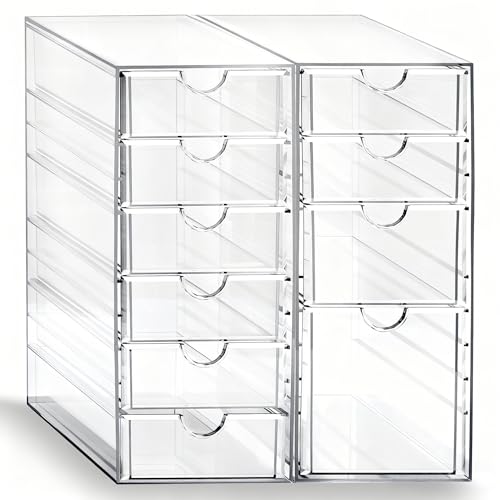 Prsildan 헤어 액세서리 오거나이저 아크릴 서랍, 서랍 10개 포함 | 투명, 공예 미술 용품 보관함, 사무실 책상 욕실 화장대 조리대용, 2개 세트 - style: 서랍 10개