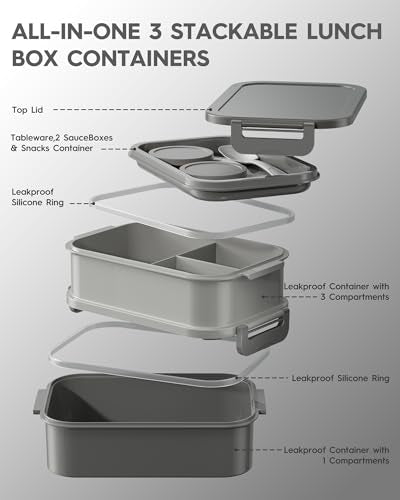 KEMETHY Adults Bento Lunch Box Set with Thermo Bag, 74oz Stackable Leak-proof 3-tiers Bento Box, Built-in Utensil and Sauce Container for Work, School, Dining Out (Gray) - color: Misty Grey