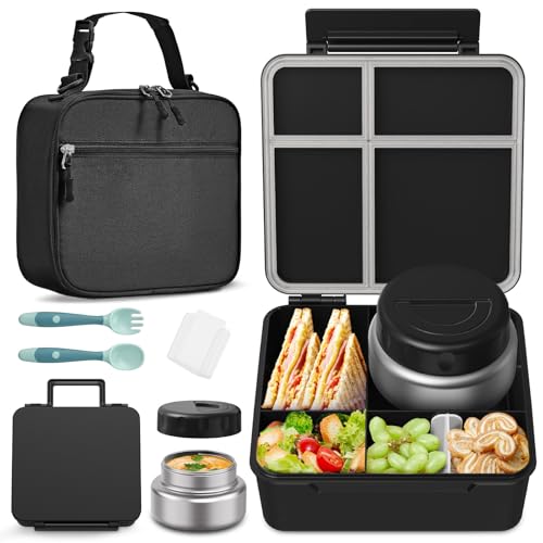 Bento Box for Kids with Thermo Food Container (9oz), 4-Compartment Lunch Box, Adjustable Divider, Leakproof Bento Lunch Box, Includes Utensils & Carry Bag for School, Office(Black) - color: Black