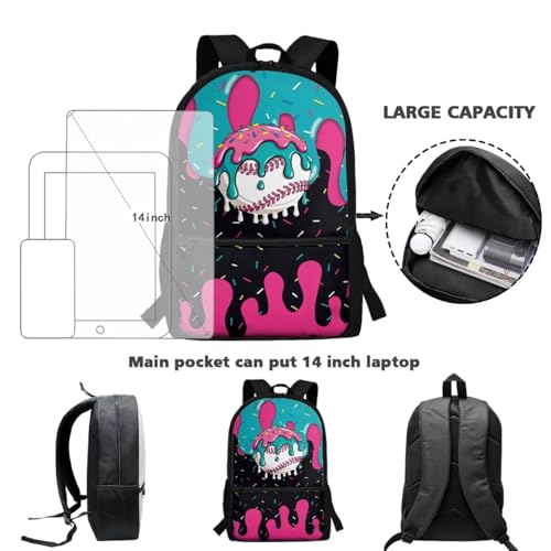 CLOHOMIN Baseball Kids Bookbag for Girls with Lunch Box 3 Piece Ice Cream Backpack Set Book Bags for Primary School Kids 1st Grade Cute Schoolbag with Lunch Tote Bag Water Bottle Bag for Girl 6-8 - color: Ice Cream Baseball
