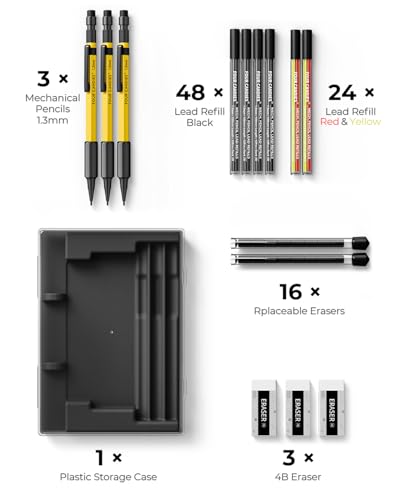 Four Candies 3PCS 1.3mm Metal Mechanical Pencil Set with Case, Yellow | 72 Refills (Red Yellow Black), 3 Erasers, Heavy Duty, Weatherproof Body for Adult Outdoor Construction Woodworking Marking - size: 3-Pack, style: Yellow