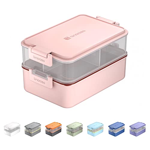 linoroso Stackable 2-Tier Adult Bento Box, 4 Compartments - Frozen Berry | leakproof bento lunch box with fork & spoon + sauce cups, microwave/dishwasher safe, perfect for office, school & daily meals - color: Frozen Berry