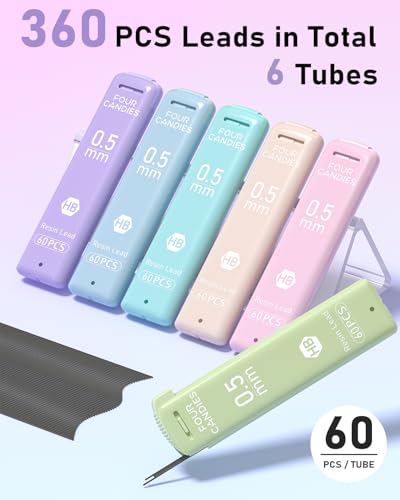 Four Candies 0.5mm Lead Refills in Cute Case, Pack of 360 PCS Black HB #2 Break Resistant Mechanical Pencil Refills, 6 Tubes of 0.5 Leads, 60 Pieces per Tube - size: 1 Count (Pack of 6)
