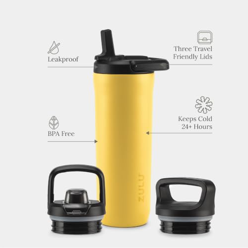 ZULU Base 18oz Kids Stainless Steel Water Bottle with 3 Lids- Straw, Chug, Twist | Double Walled and Vacuum Insulated Metal Thermos | Fits Car Cupholder, Built in Carry Loop, Dishwasher Safe, Vitamin - color: Vitamin C, style: 18oz