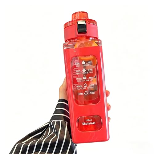 700ML Sports Water Bottle with Straw, Leakproof Bounce Cap Water Bottle with Time Marker, BPA Free Portable Square Water Bottle for Gym, School, Outdoor Activities (Red) - color: Red