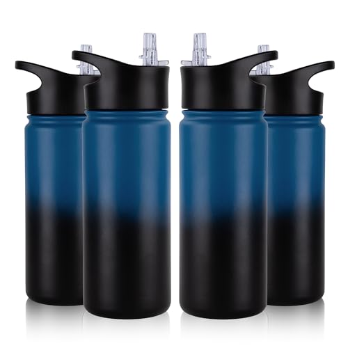 16 oz Insulated Water Bottle Bulk 4 Pack, Straw & Spout Lid, Keep Cold 24H, Spill Proof, BPA-Free, Double Wall, Stainless Steel Kids Water Bottles for School, Sports, Blue Black Gradient - color: Blue Black Gradient, size: 16 Ounces-4