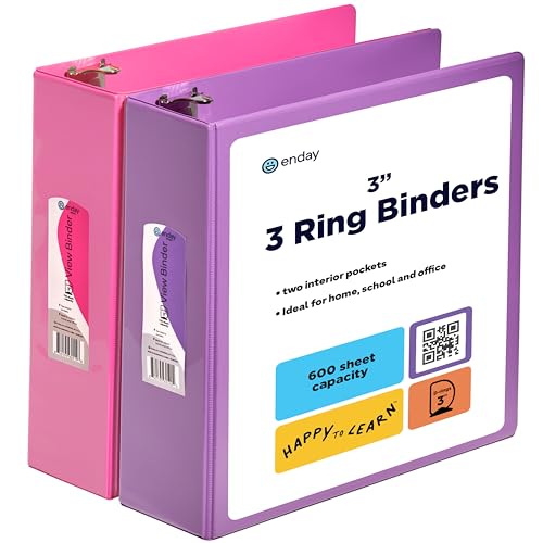 3 Inch Binder (2 Pack) Pink and Purple 3 Ring Binder 3 inch, Clear View Cover with 2 Inside Pockets, Three Ring Binders for Home, Office and School Supplies - Enday - color: Pink - Purple, size: 3-Inch