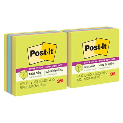 Post-it Super Sticky Notes, 3 in x 3 in, 1 Cube, 2X the Sticking Power, Bright Colors, Recyclable (2027-SSGFA) (Pack of 2) - size: 3" x 3" (Pack of 2)