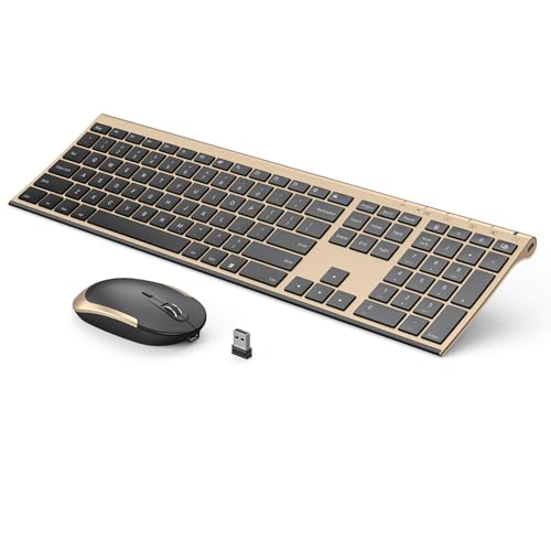 Wireless Keyboard and Mouse, Vssoplor 2.4GHz Rechargeable Compact Quiet Full-Size Keyboard and Mouse Combo with Nano USB Receiver for Windows, Laptop, PC, Notebook-Black Gold - color: Black and Gold