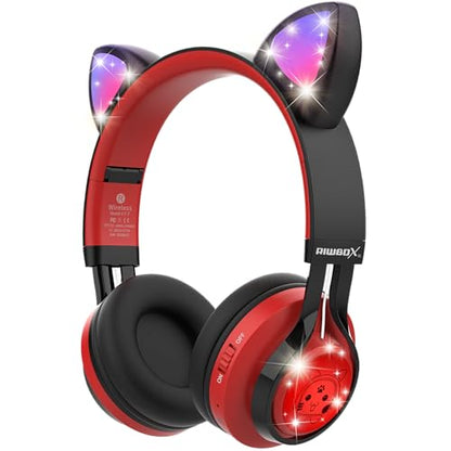 Riwbox CT-7 Cat Ear Bluetooth Headphones, LED Light Up Bluetooth Wireless Over Ear Headphones with Microphone and Volume Control for Travel/School/Smartphones/Laptop/PC/TV （Red&Black） - color: Red&Black